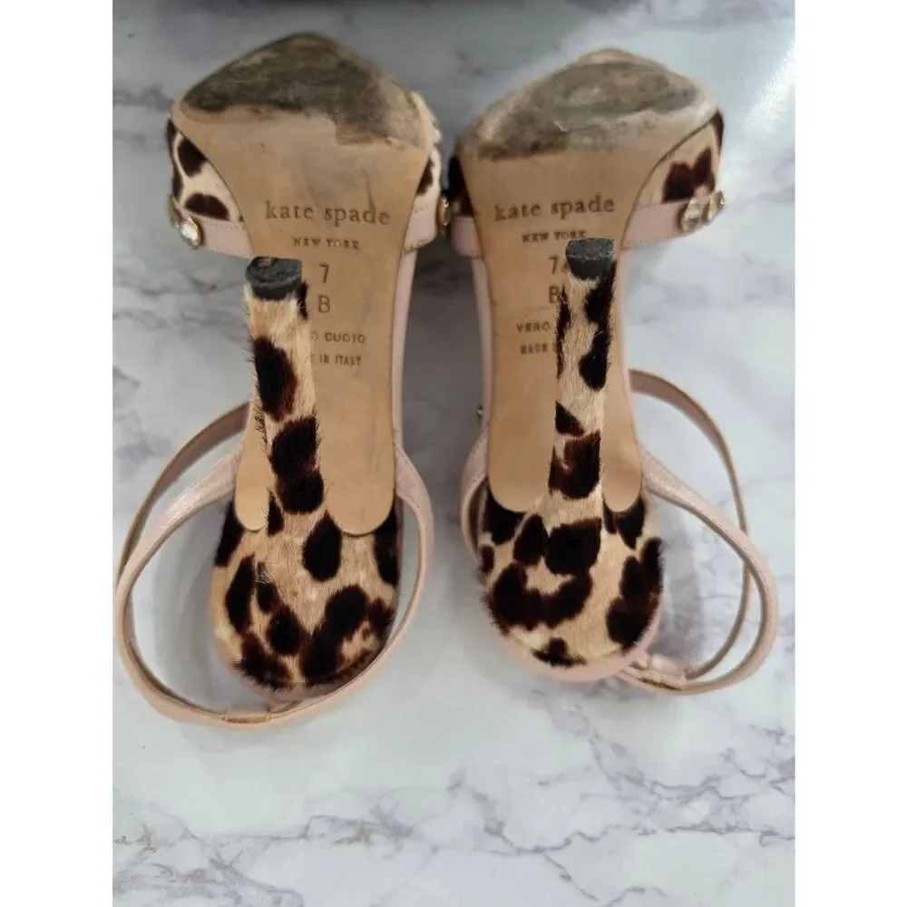 Kate Spade Lydia Calf Hair Leopard Print Rhinestone Studded T-Strap Pumps Heels